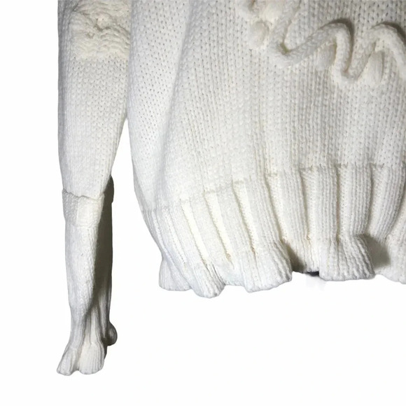 Vintage 80s Evian White Cable Knit Sweater Embossed Monogram Design Turtleneck - Picture 5 of 7